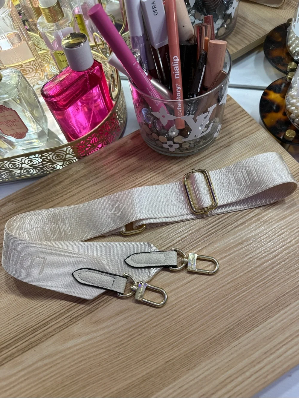 Light cream Adjustable cross body LV Bag Strap with Gold Hardware